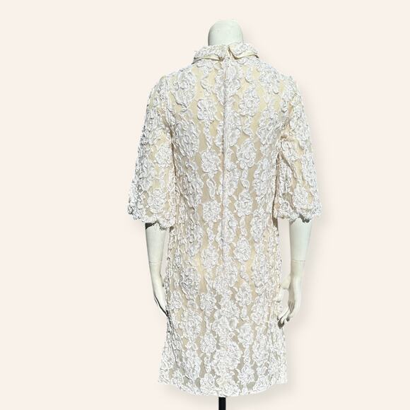 Vintage Cream Lace Shift Dress | Floral Overlay | Mod Bridal Style size 6 - Picture 3 of 4